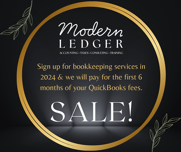 Promotional image for Modern Ledger offering bookkeeping services, featuring a gold-ringed design and sale text for QuickBooks fee coverage.