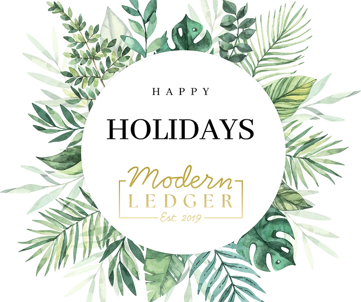 Festive card with green foliage border, featuring "Happy Holidays" and "Modern Ledger Est. 2019" text in the center.