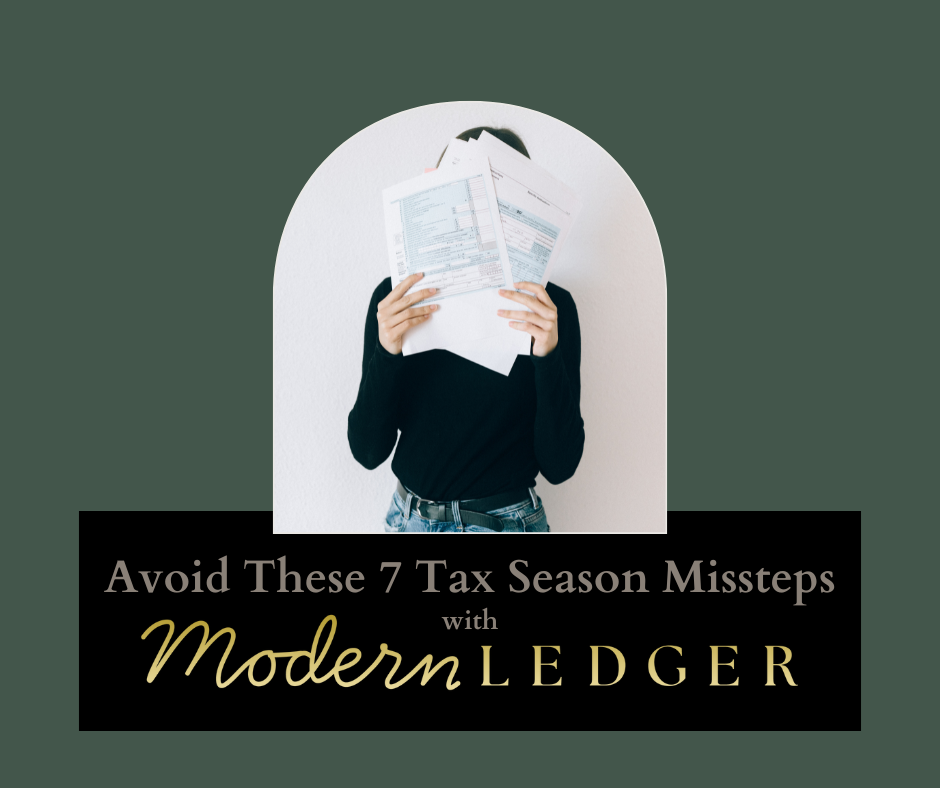 A person in a black shirt holds tax forms over their face, promoting avoiding tax season mistakes with Modern Ledger.