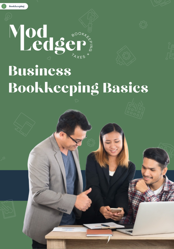 Three people discuss bookkeeping basics. Two look at a phone, another sits at a laptop. The background features a green business-themed design.