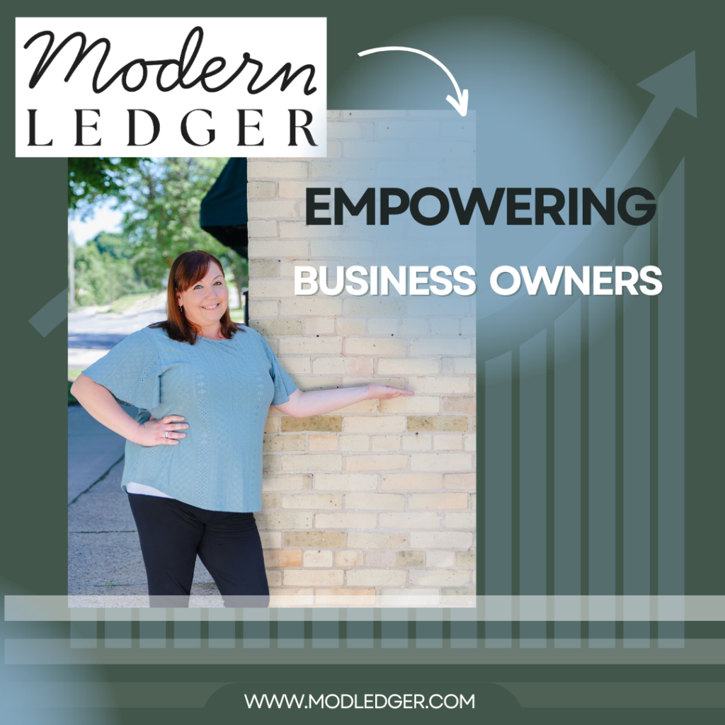 Person standing by brick wall, smiling. Text reads "Modern Ledger: Empowering Business Owners." Website link at bottom, arrows pointing upwards, green background.