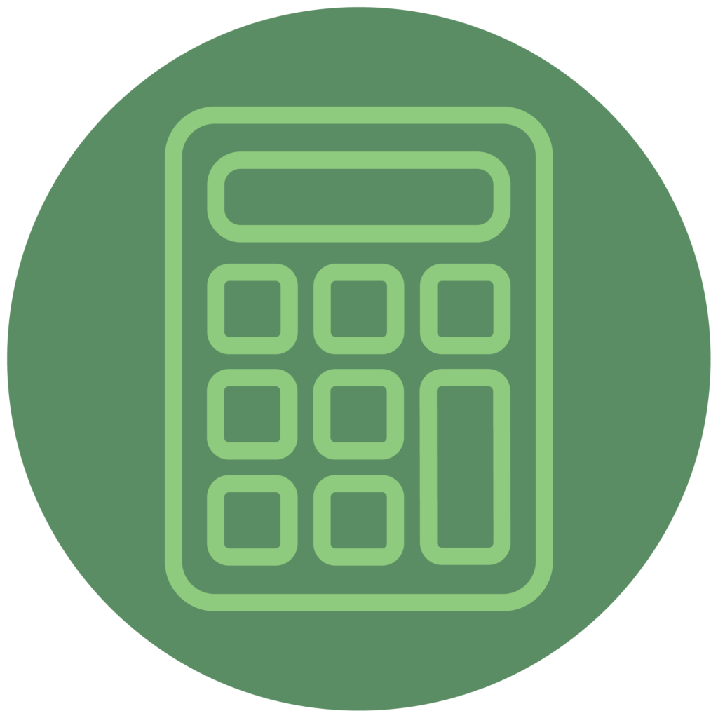 A simple green icon of a digital calculator on a dark green circular background shows basic numerical keypad and display.