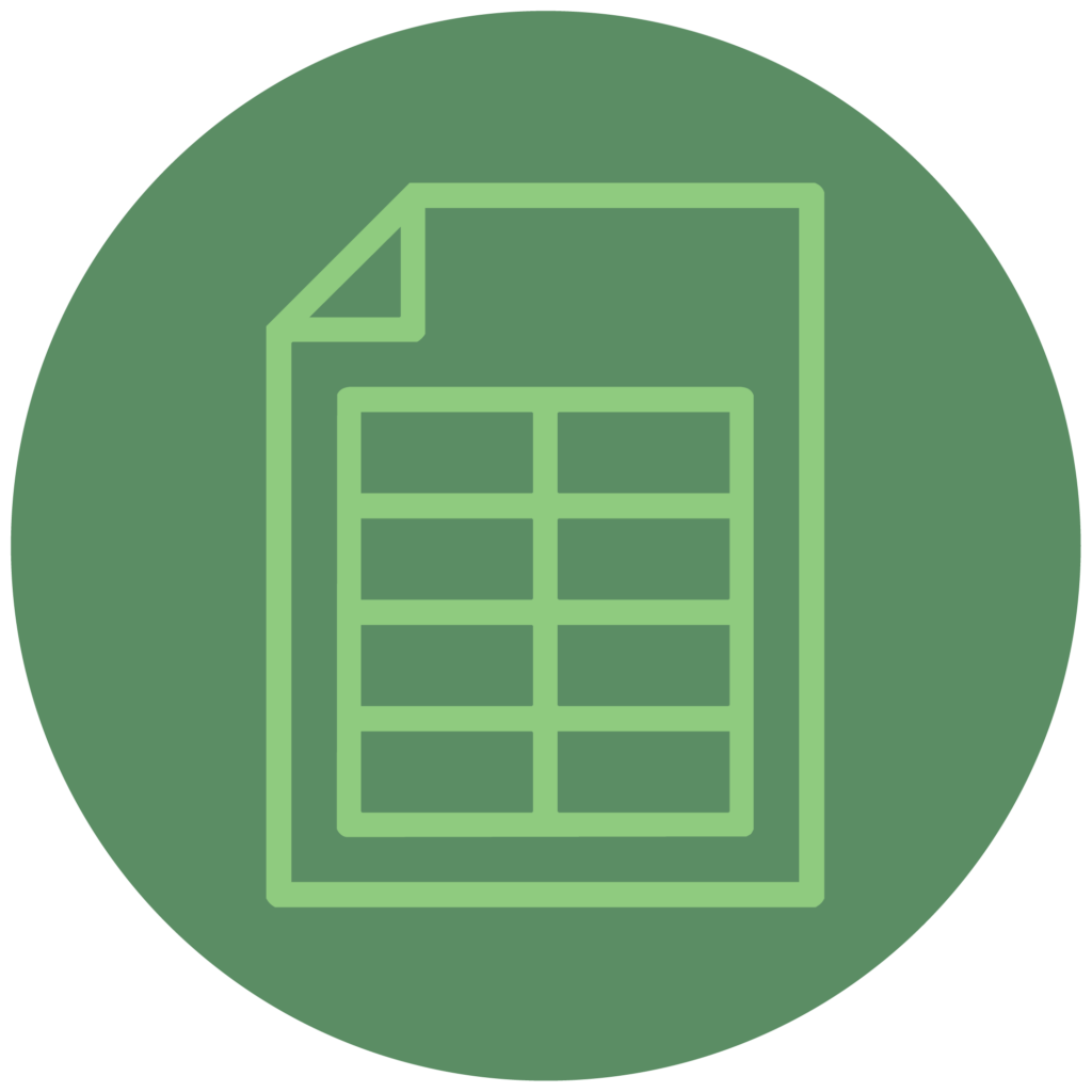A green circle icon with a simplified spreadsheet graphic. It features a grid-like layout, indicating tabular data. Simple and modern design.