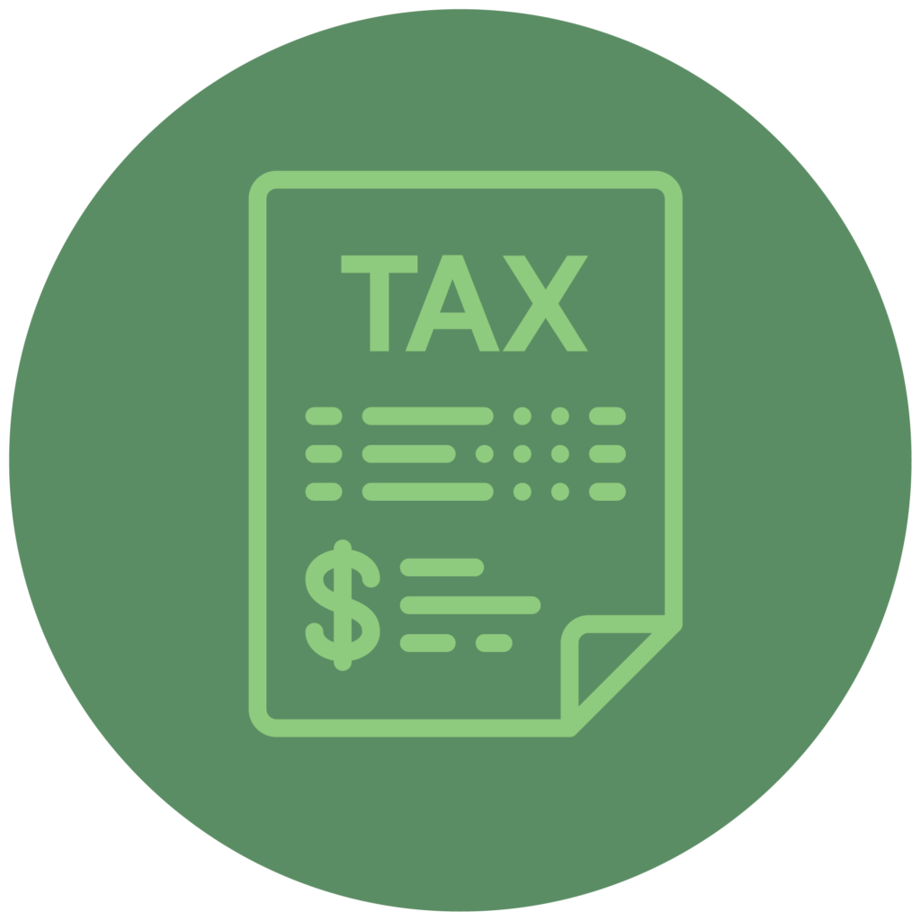 A green icon displaying a tax document with a dollar symbol, representing financial or taxation themes on a digital platform.