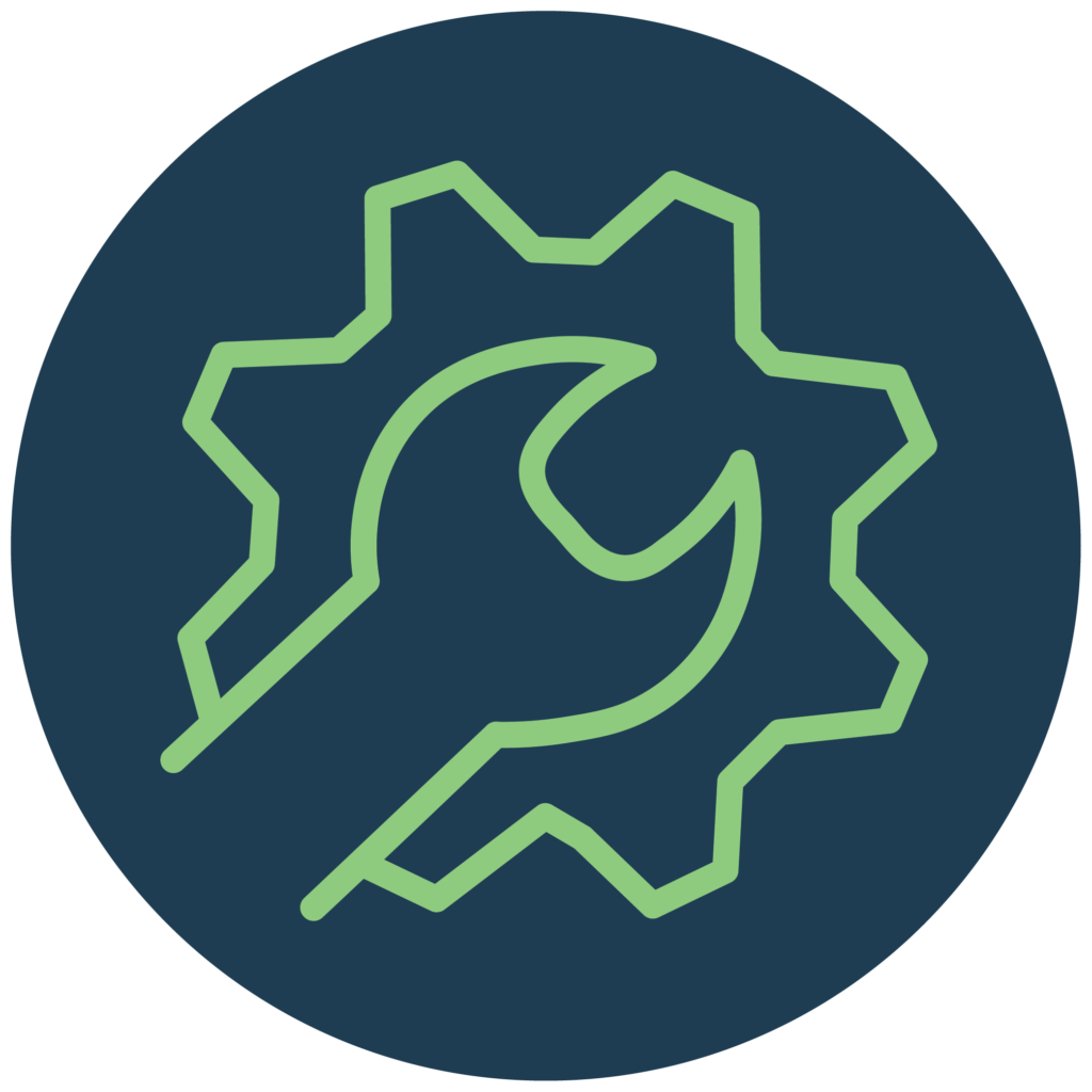 The image shows a green wrench and gear icon on a dark blue circular background, symbolizing tools or settings.
