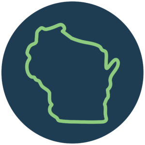 The image displays an outline of the state of Wisconsin in green, centered on a dark blue circular background.