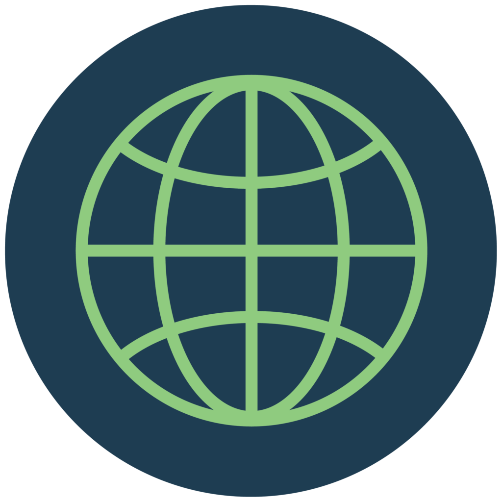 The image features a simple green wireframe globe icon on a dark blue circular background, symbolizing global communication and connectivity.