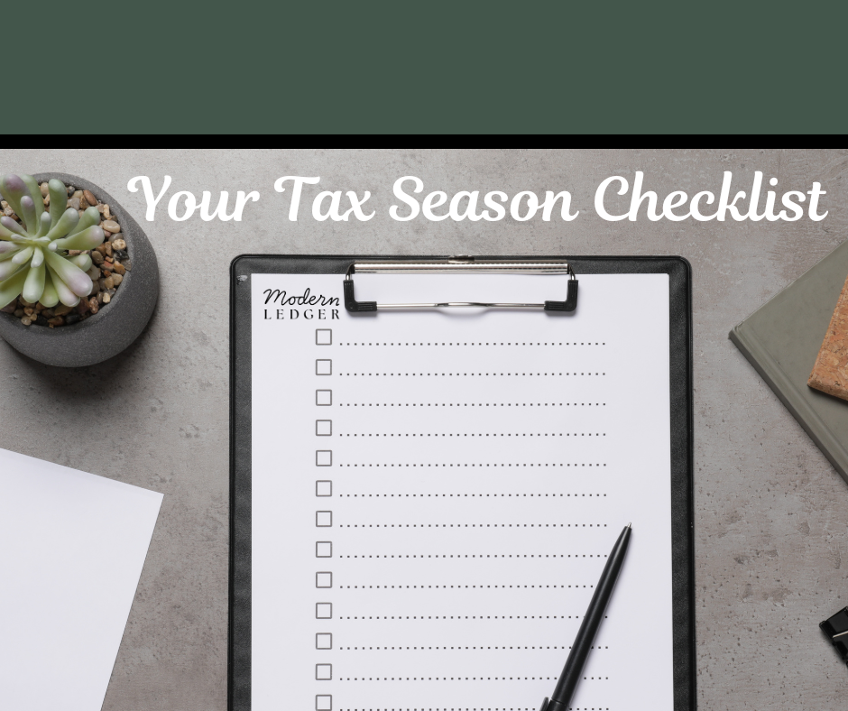 A tax season checklist on a clipboard, pen, and a succulent on a concrete surface with a notebook nearby.