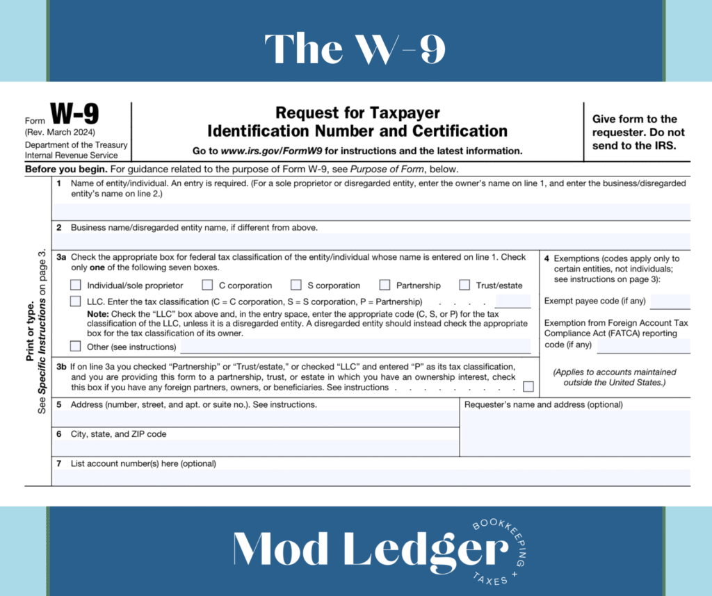Title: "The W-9" Description: W-9 form image for taxpayer identification. Includes sections for name, business classification, exemptions, addresses, and account numbers. Header: "Mod Ledger".