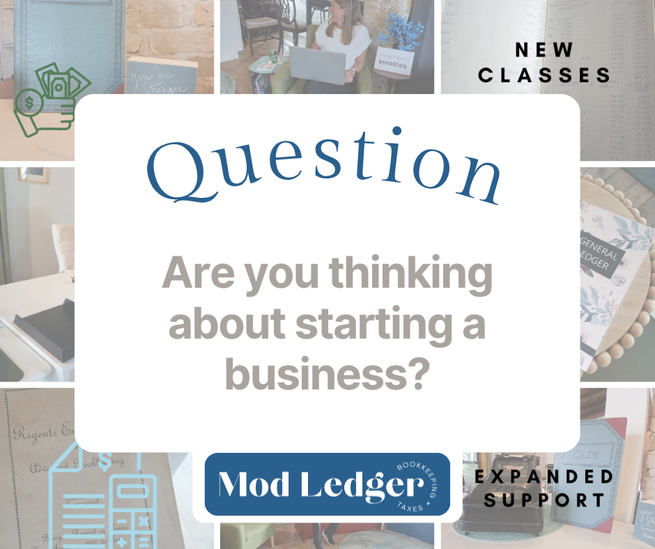 Collage featuring business-themed images, a person with a laptop, ledgers, and text asking about starting a business. Includes "Mod Ledger" and "Expanded Support."
