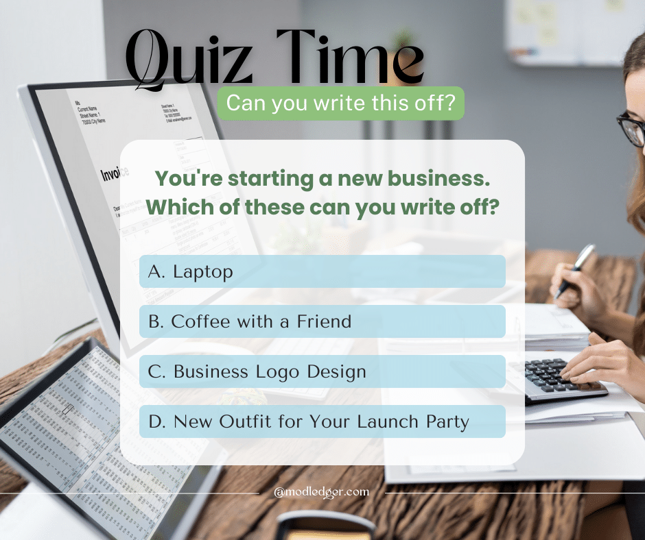 Person working at a desk with a computer and paperwork. Overlay text presents a quiz about business expense write-offs, featuring multiple-choice options.