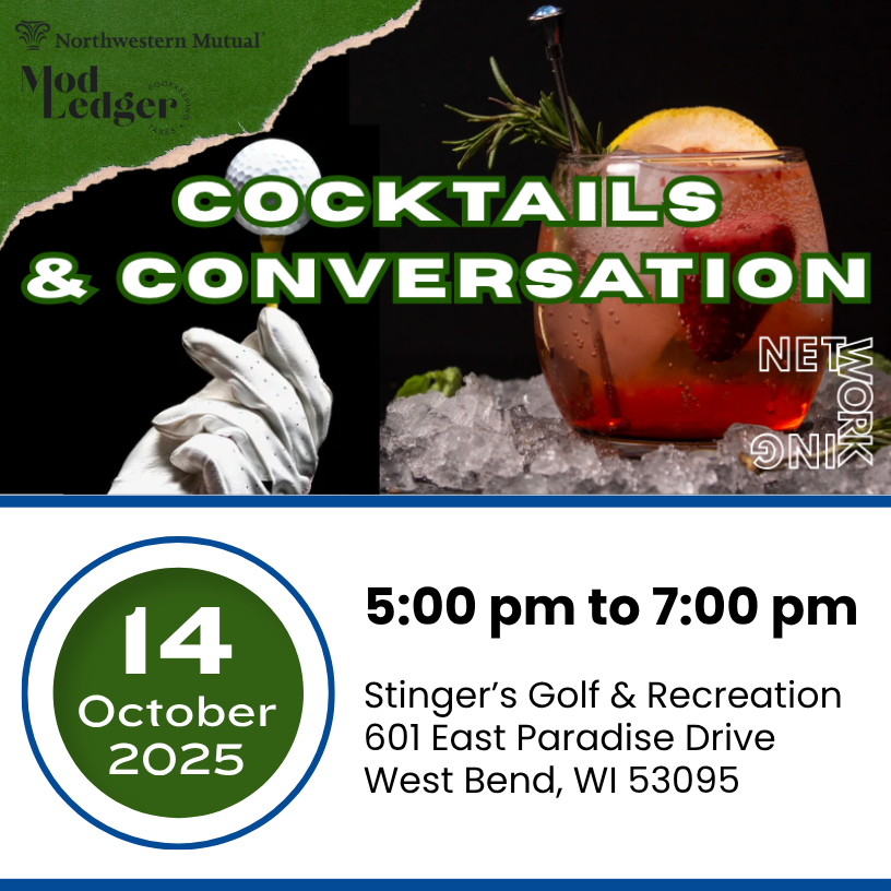 Cocktails & Conversation event at Stinger’s Golf & Recreation, West Bend, on October 14, 2025, from 5-7 pm.