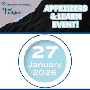 Event announcement for Mod Ledger & Northwestern Mutual on 27 January 2026, featuring "Appetizers & Learn Event" by Mod Ledger Bookkeeping.