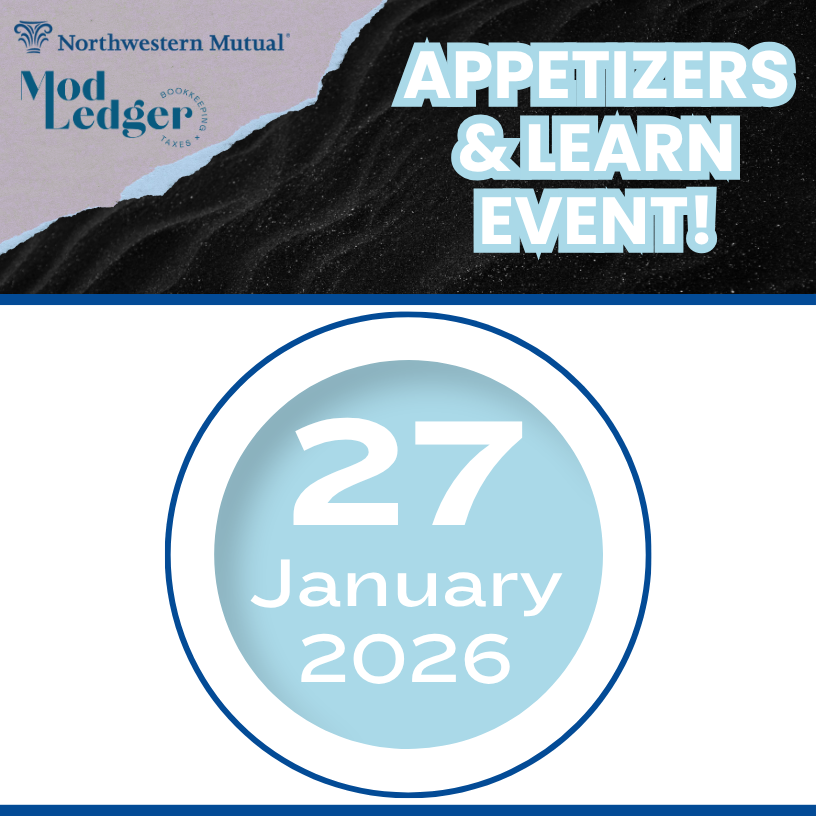 Event announcement for Mod Ledger & Northwestern Mutual on 27 January 2026, featuring "Appetizers & Learn Event" by Mod Ledger Bookkeeping.