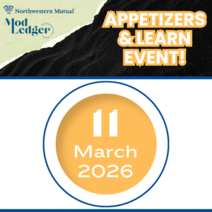 Event advertisement for "Appetizers & Learn" on March 11, 2026, featuring logos for Northwestern Mutual and Mod Ledger.