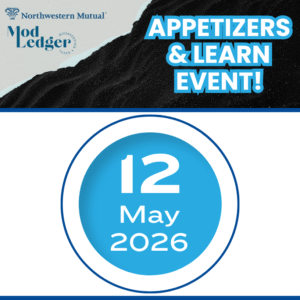 Event announcement for "Appetizers & Learn" by Northwestern Mutual, Mod Ledger on May 12, 2026.