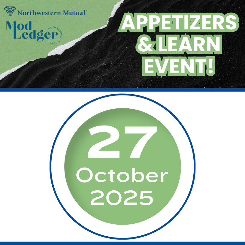 Event announcement for “Appetizers & Learn” by Mod Ledger and Northwestern Mutual. Date: October 27, 2025. Features a green and black design.