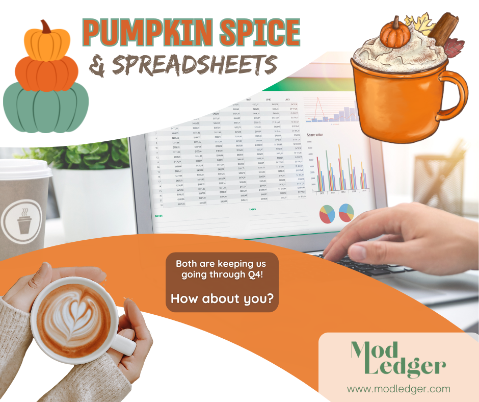 A person using a laptop with charts, enjoying coffee, and embracing autumn vibes. Text highlights pumpkin spice and spreadsheets synergy for Q4.
