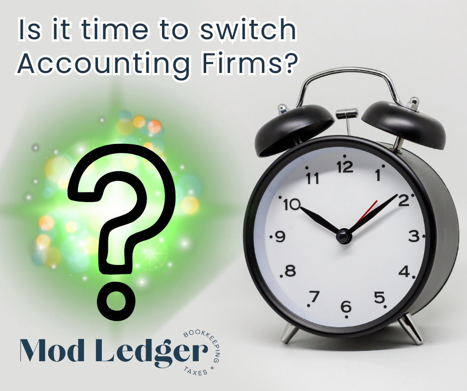 Alarm clock with question mark and text, "Is it time to switch Accounting Firms?" promoting Mod Ledger bookkeeping and taxes services.