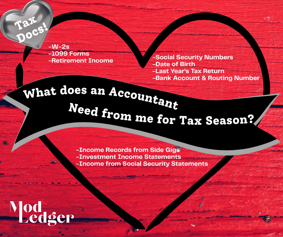 Heart-themed graphic lists tax document requirements for accountants, including W-2s, 1099s, and Social Security numbers, on a red wooden background.