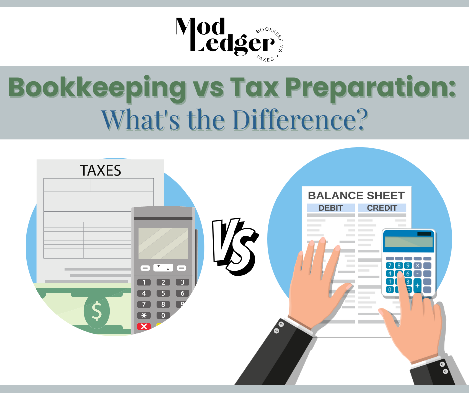 The image compares bookkeeping and tax preparation with documents and calculators, highlighting their differences through a side-by-side visual.