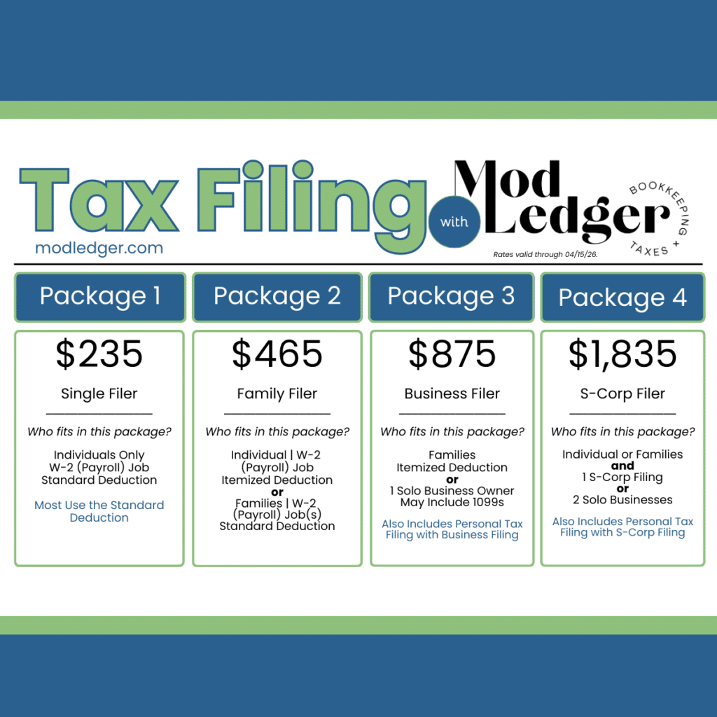The image shows tax filing packages offered by ModLedger with prices ranging from $235 to $1,835 for various filer types.
